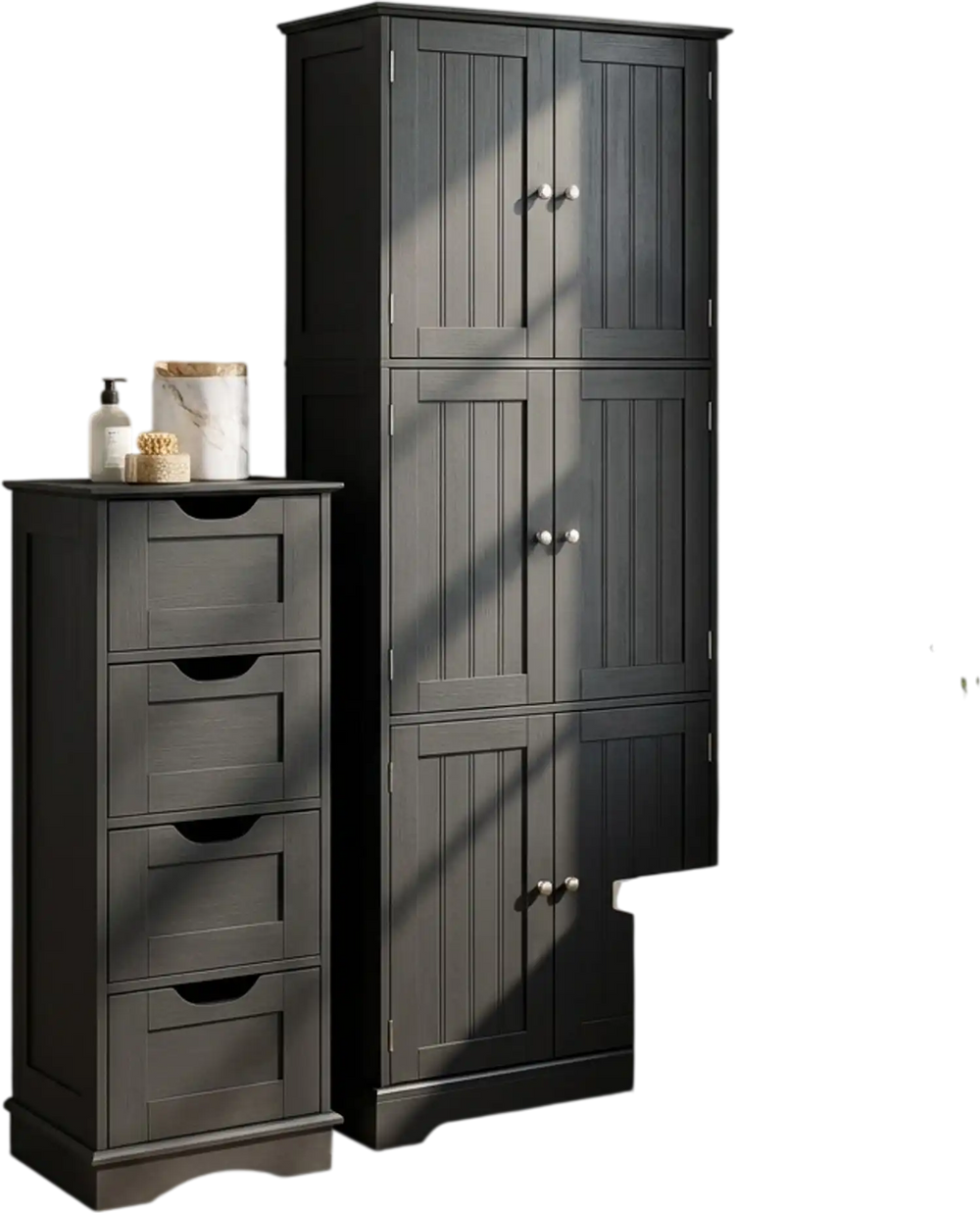 Black bathroom cabinet set featuring a 6-door tall cabinet and a 4-drawer cabinet, ideal for compact spaces and storage.