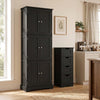 Tall black bathroom cabinet set featuring 6 doors and 4 drawers, ideal for maximizing storage in small spaces.