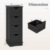Four-drawer black bathroom cabinet with dimensions 32" height, 12" width, and 12" depth, ideal for compact spaces.