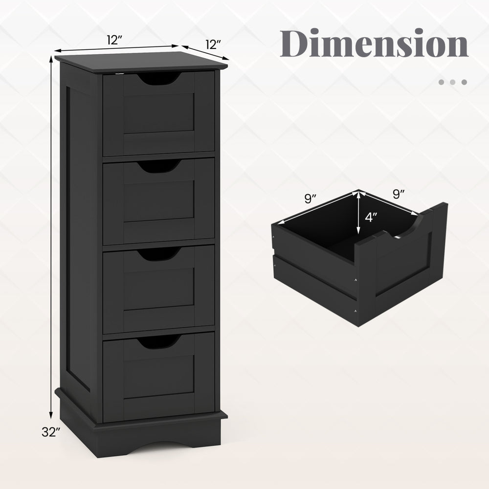 Four-drawer black bathroom cabinet with dimensions 32" height, 12" width, and 12" depth, ideal for compact spaces.