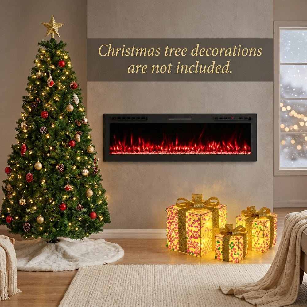 Complete holiday living room decor set featuring a 60" smart WiFi electric fireplace, 7ft Christmas tree, and lighted gift boxes.