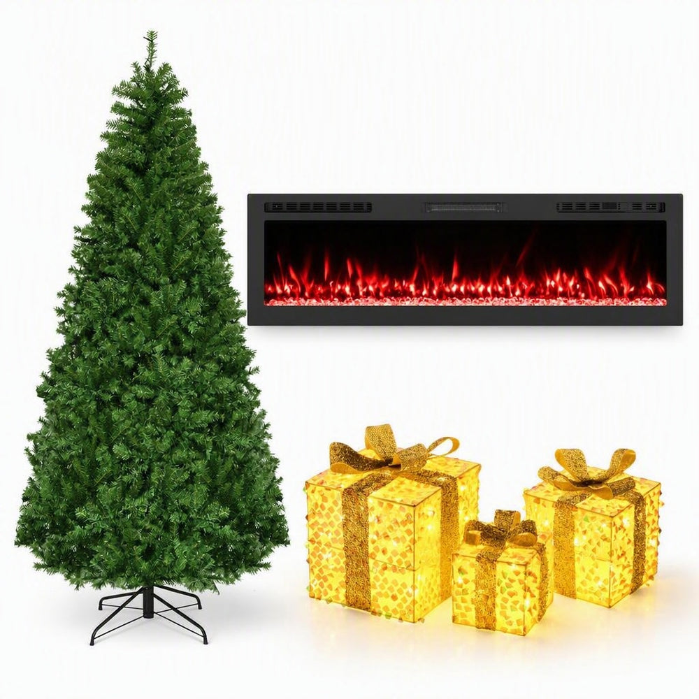 Complete holiday living room decor set featuring a 7ft artificial Christmas tree, 60" electric fireplace, and 3 lighted gift boxes.