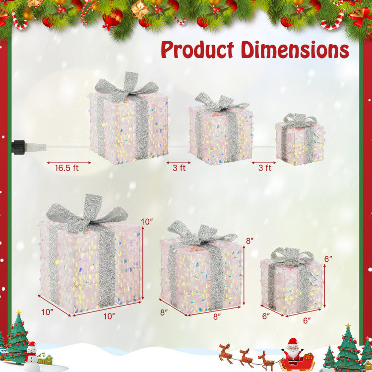 Product dimensions for three lighted gift boxes, featuring pink and silver design, perfect for holiday decor.
