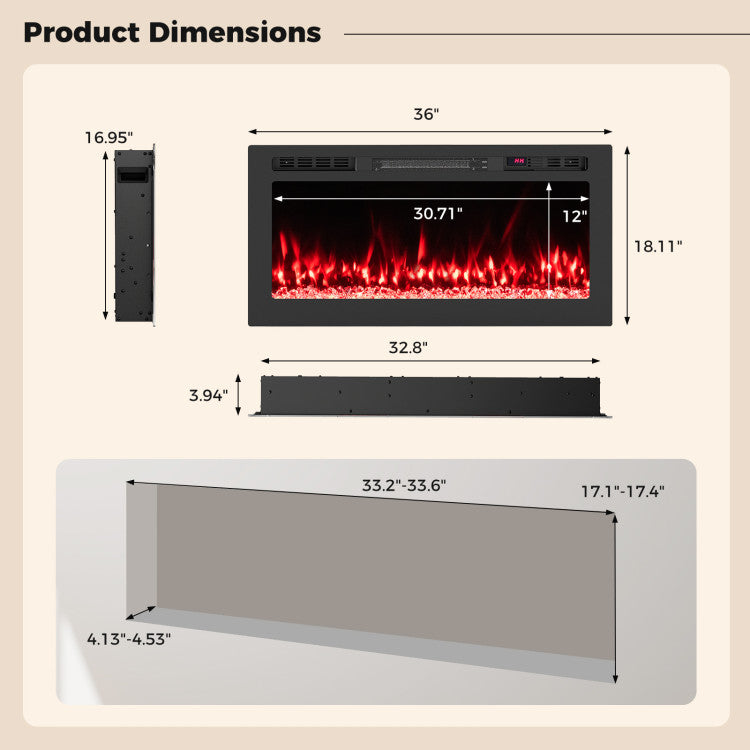 Dimensions of the 60" smart WiFi electric fireplace from the Complete Holiday Living Room Decor Set for modern installation.