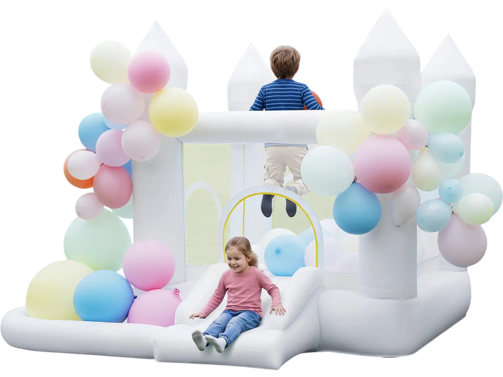 Inflatable bounce house with slide, basketball hoop, and colorful balloons, perfect for wedding parties and outdoor fun.