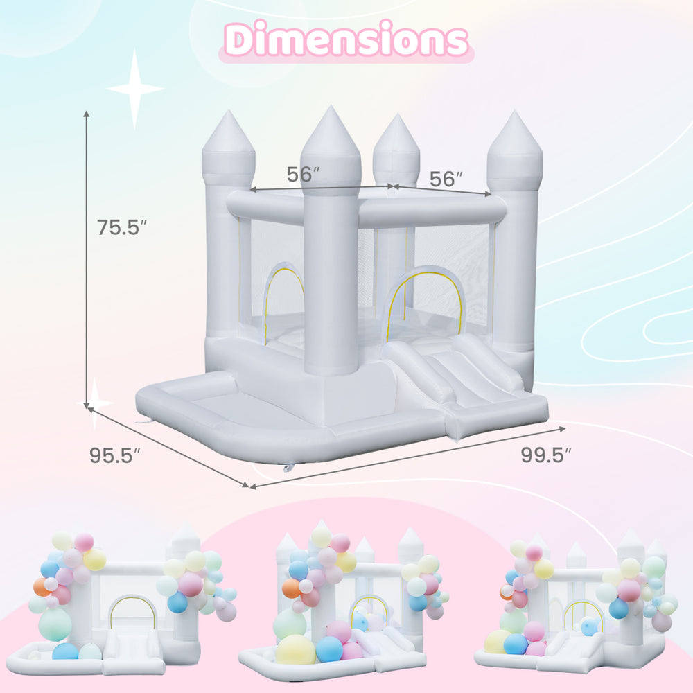 Inflatable bounce house with slide, basketball hoop, and colorful balloons, perfect for wedding parties and outdoor events.