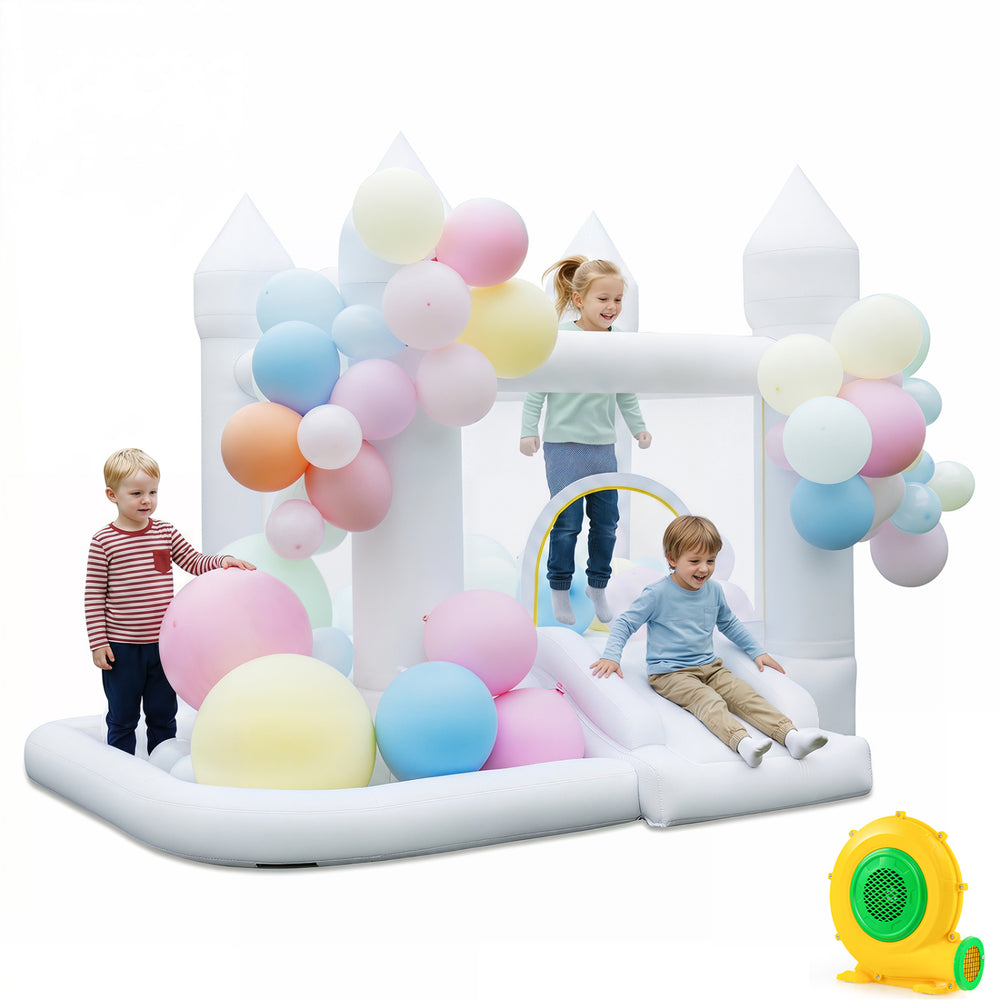 Inflatable bounce house with colorful balloons and mesh walls, designed for safe play during birthday parties and outdoor events.
