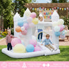 Colorful inflatable bounce house with slide, basketball hoop, and mesh walls, perfect for birthday parties and outdoor fun.