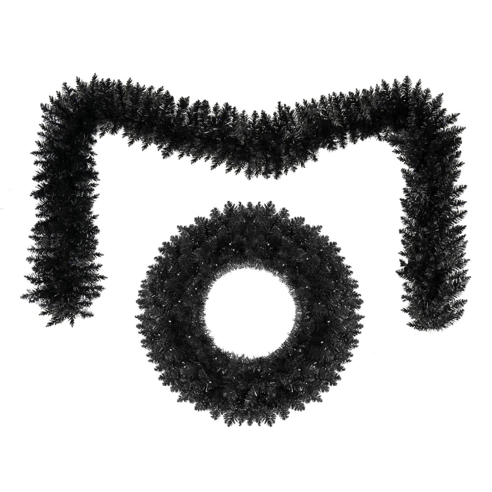 Black 24-inch wreath and 9-foot garland set with 389 branch tips and purple LED lights for Halloween decoration.