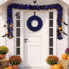Halloween-themed 24-inch wreath and 9-foot garland set with black design, LED lights, and 389 branch tips for festive decor.