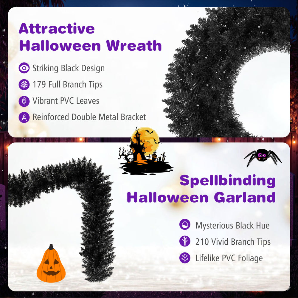 24-inch Halloween wreath with 179 branch tips and 9-foot garland featuring a striking black design for festive decor.