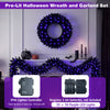 24-inch black Halloween wreath with 179 branch tips and 35 purple LED lights, ideal for festive decoration.
