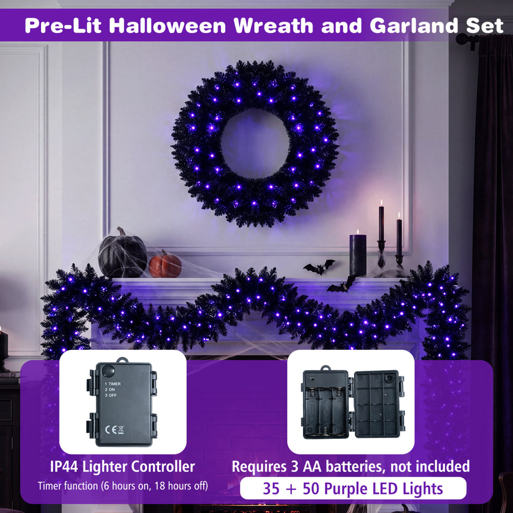 24-inch black Halloween wreath with 179 branch tips and 35 purple LED lights, ideal for festive decoration.