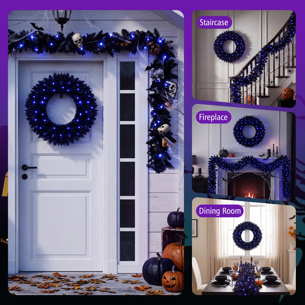 Spooky black garland with 210 branch tips and 50 purple LED lights, perfect for Halloween-themed decorations.
