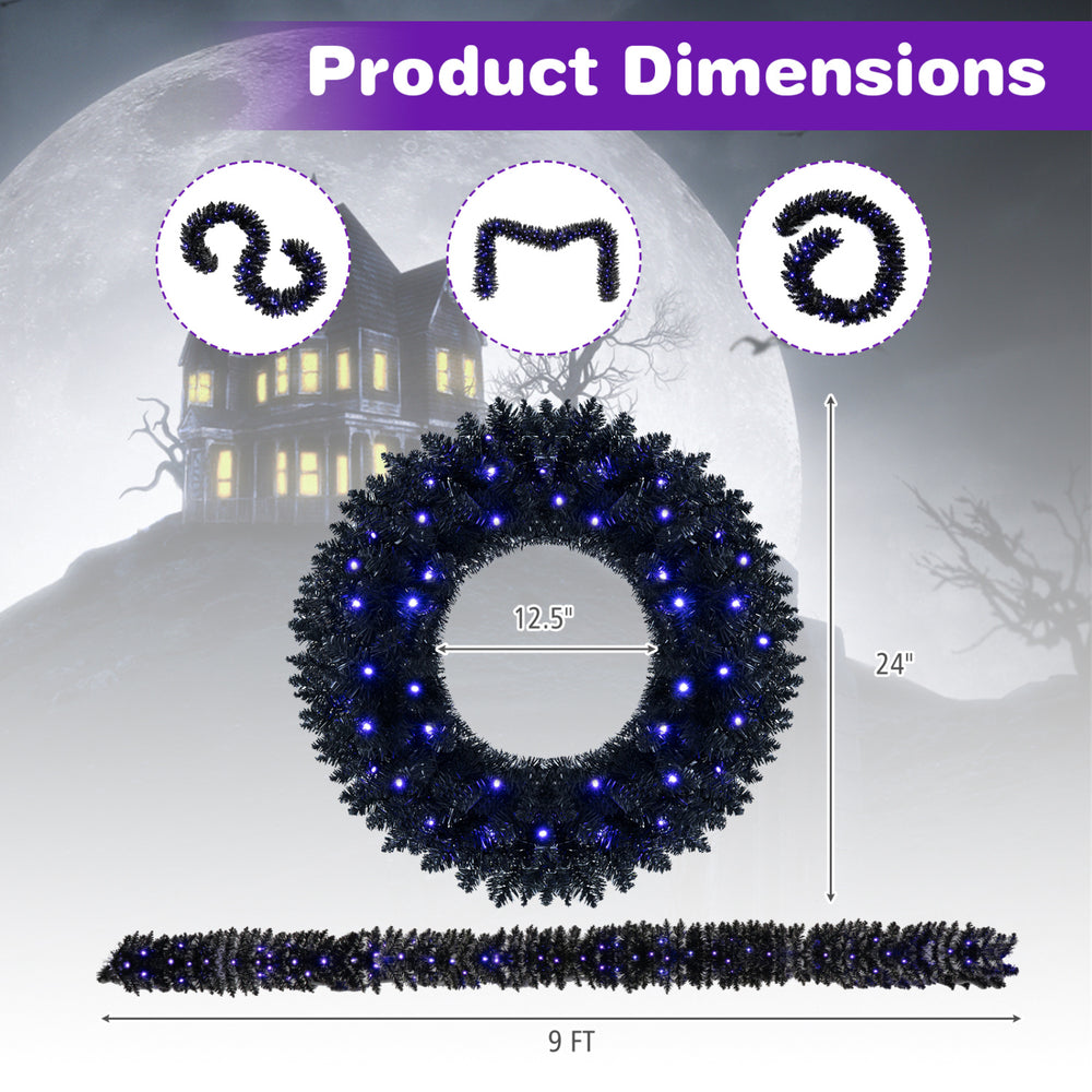 24-inch black Halloween wreath and 9-foot garland set with 389 branch tips and purple LED lights for festive decoration.