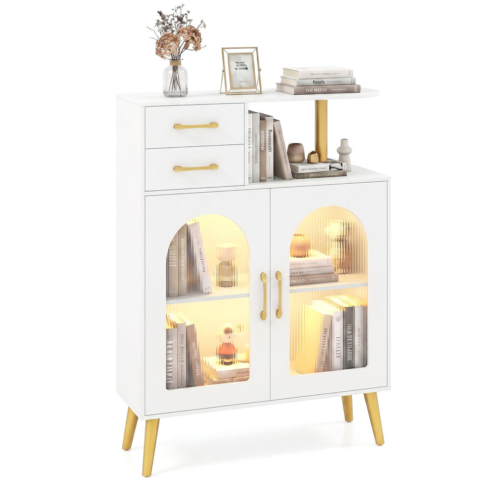 Modern buffet cabinet sideboard in white with translucent doors, RGB LED lights, and spacious storage for a stylish home.