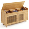 Bamboo shoe storage bench with lift top, removable cushion, and hidden compartments for organized hallway storage.