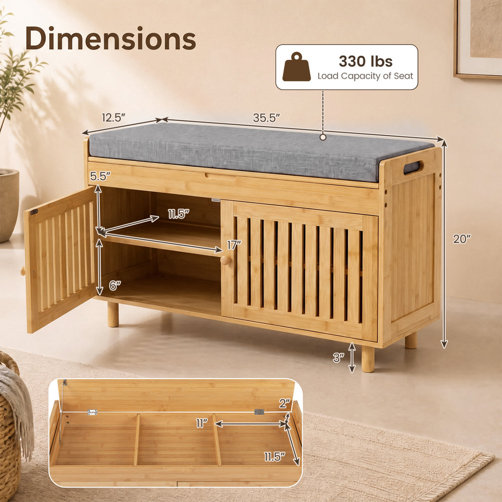 Bamboo shoe storage bench dimensions showcasing a 3-section lift top compartment and two-door cabinet for hallway storage.