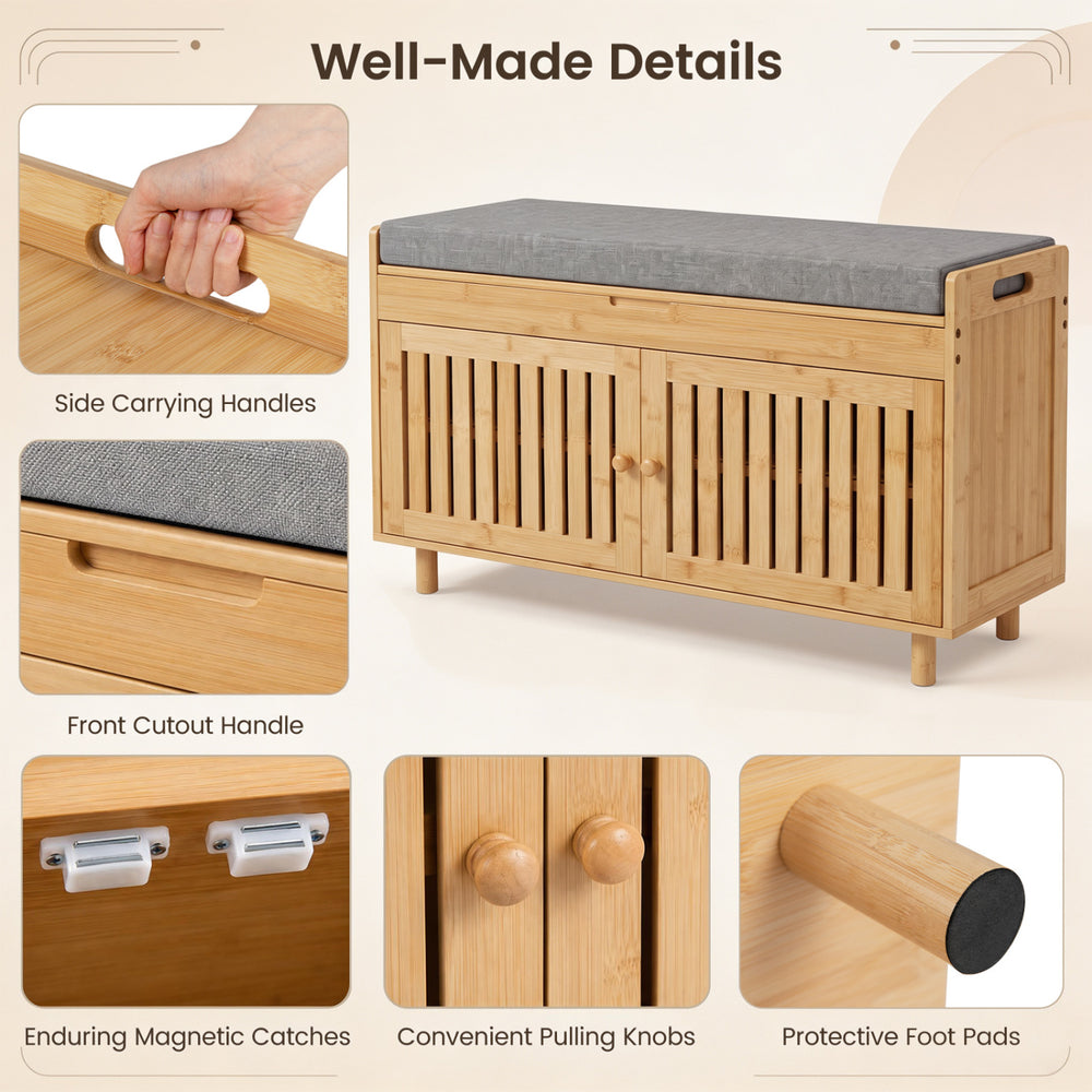 Bamboo shoe storage bench with lift top, removable cushion, and side handles for easy movement in hallways.