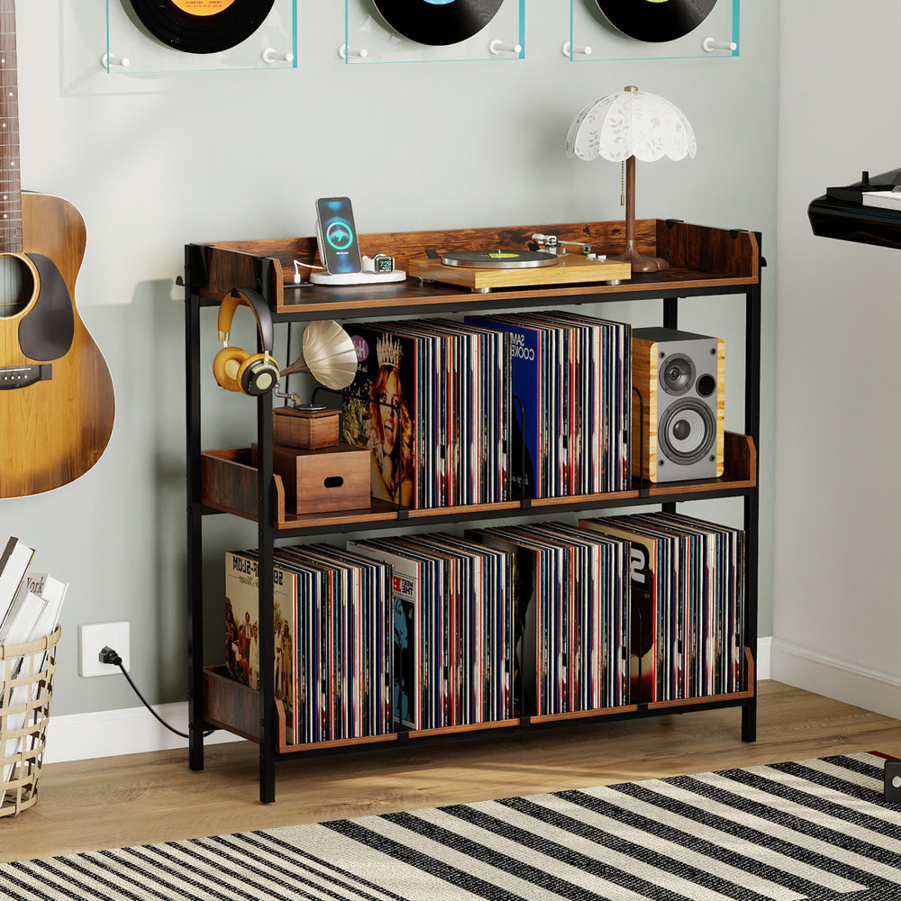 Rustic brown 3-tier record player stand with side hooks for headphones, removable dividers, and recessed power outlets.