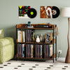 3-tier rustic brown record player stand with metal dividers, power outlets, and space for 350 vinyl albums and accessories.