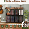 3-tier record player stand in rustic brown with metal dividers, holding up to 350 albums and featuring 4 side hooks.