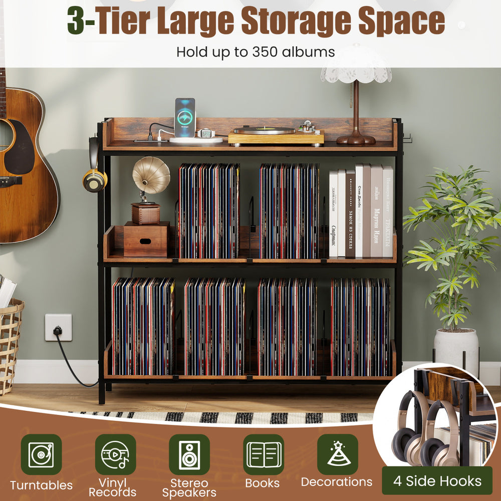 3-tier record player stand in rustic brown with metal dividers, holding up to 350 albums and featuring 4 side hooks.