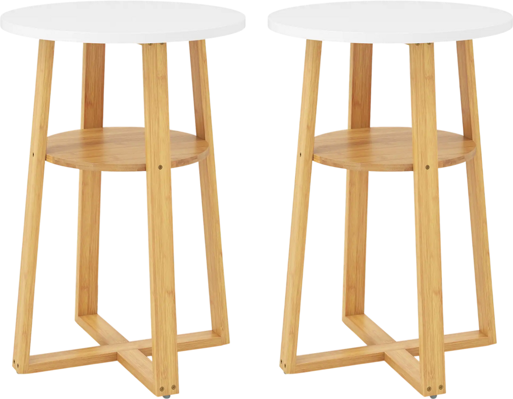 Set of 2 end tables with a white top and natural bamboo frame, featuring a lower shelf and anti-slip foot pads.