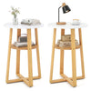 Two-tier end tables set with a natural bamboo frame and white top, perfect for magazines and coffee cups in any room.