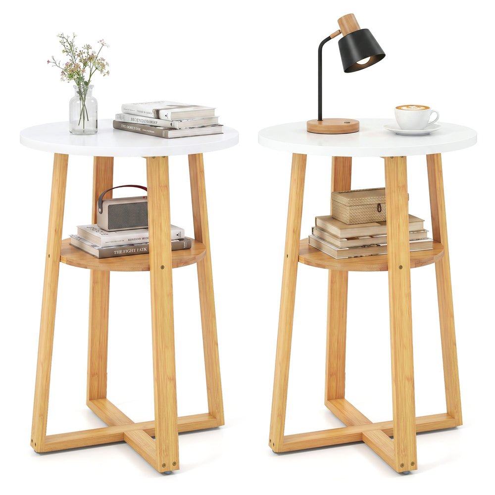Two-tier end tables set with a natural bamboo frame and white top, perfect for magazines and coffee cups in any room.