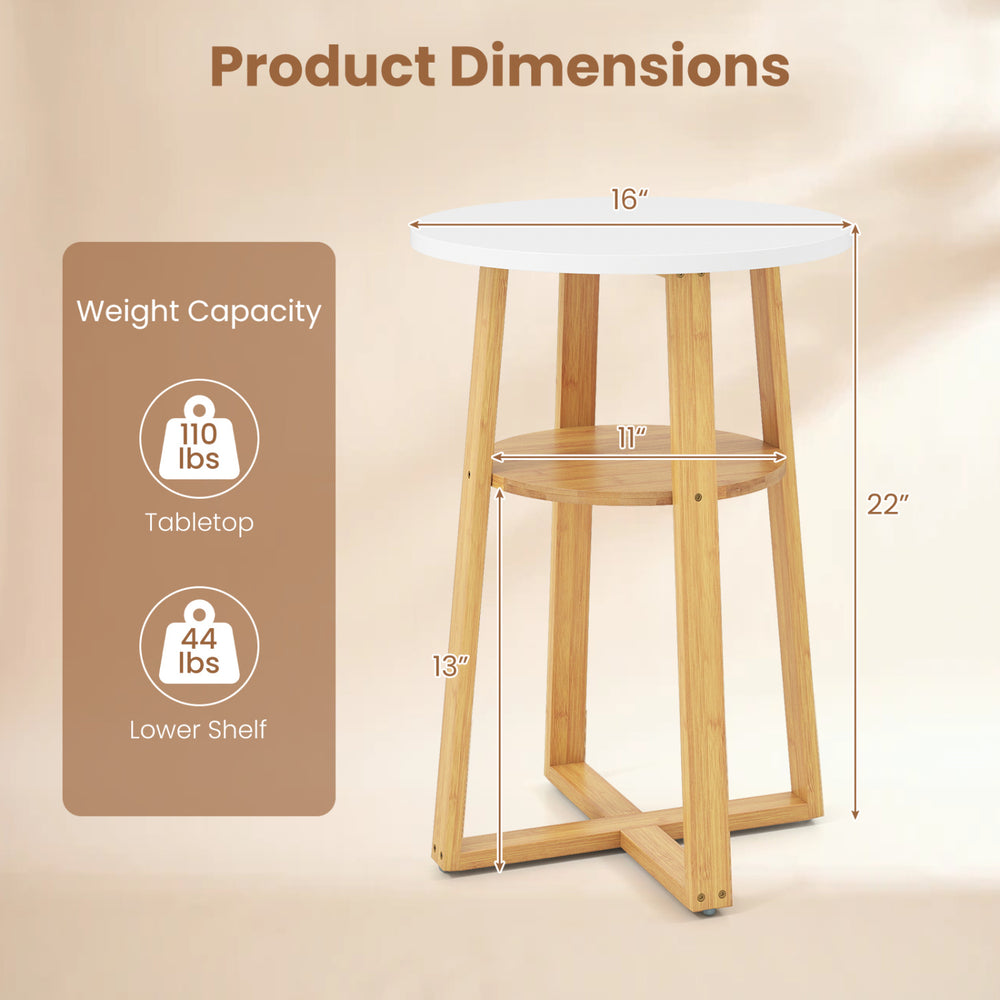 2-tier end table with a white tabletop and natural bamboo frame, featuring an X-shaped base and anti-slip foot pads.