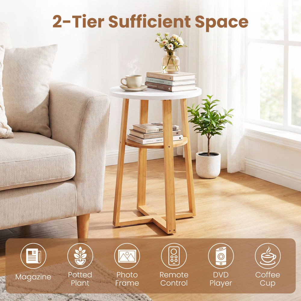 Stylish 2-tier end table in white and natural bamboo, perfect for magazines, plants, or coffee cups in any living space.
