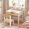 Wooden kids desk features a pull-out drawer, three storage compartments, and a modern design for organized learning and play.