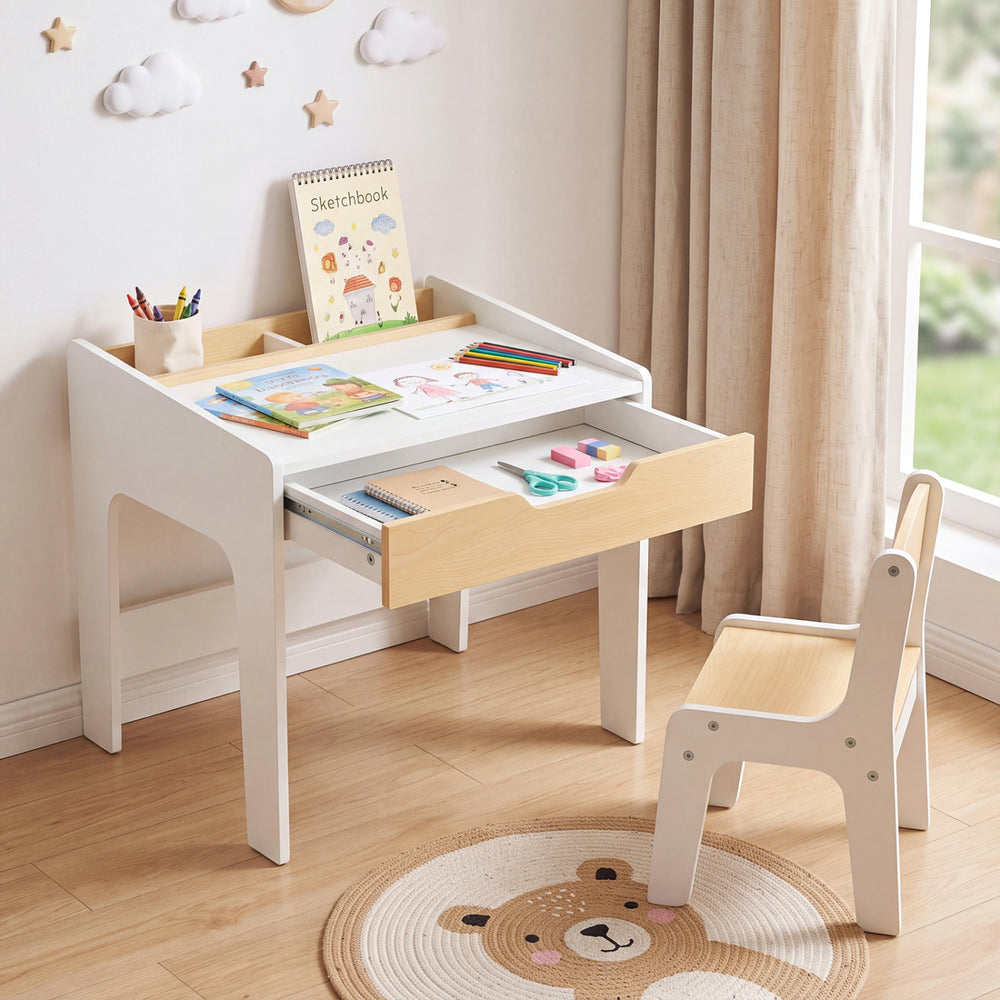 Wooden kids desk and chair set with a large tabletop, pull-out drawer, and three compartments for organizing supplies.