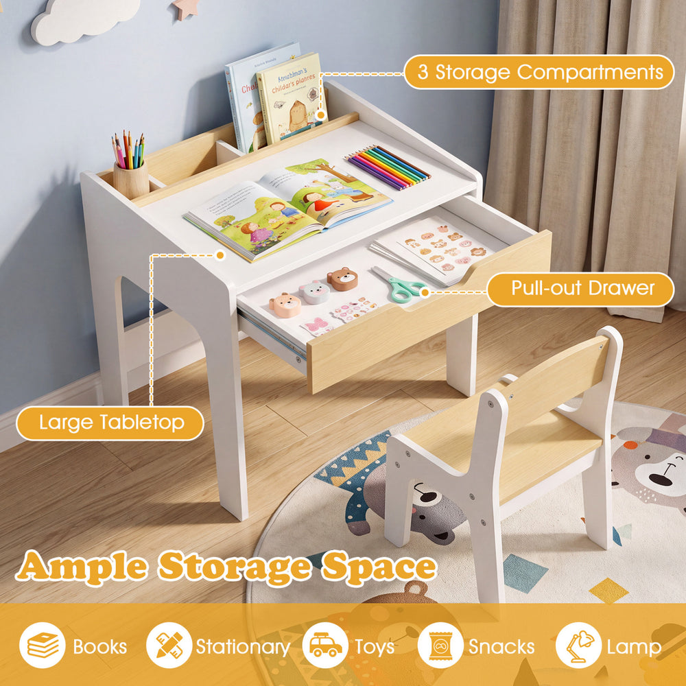 Wooden kids desk and chair set with large tabletop, pull-out drawer, and 3 storage compartments for versatile activities.