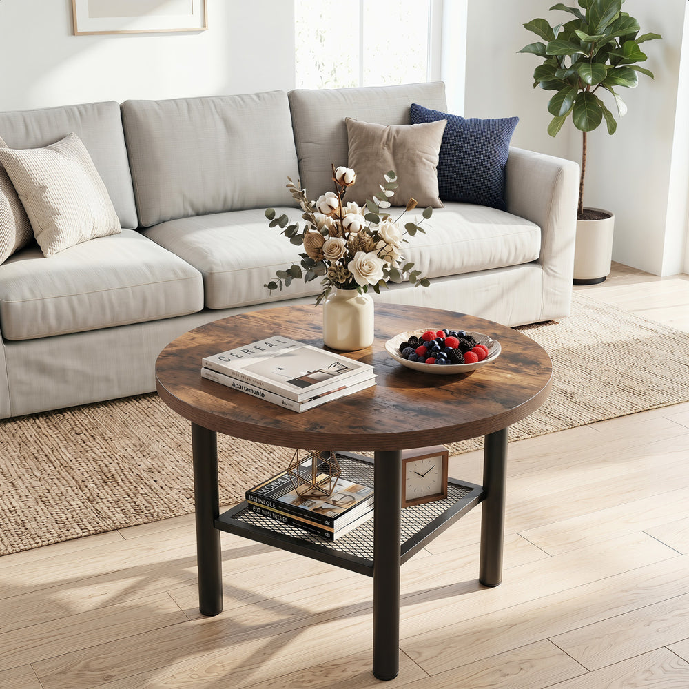 Modern Round Coffee Table Metal Frame 2-Tier with Storage Shelf-Rustic Brown - Gallery View 1 of 10