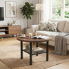 Round coffee table with a rustic brown finish, featuring a metal frame and two-tier storage shelf for versatile use.