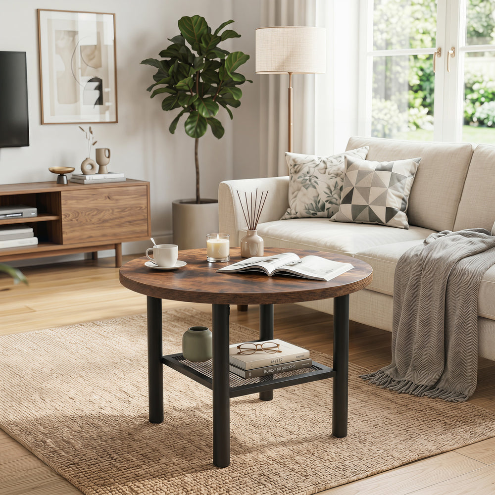Round coffee table with a rustic brown finish, featuring a metal frame and two-tier storage shelf for versatile use.