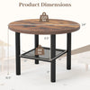 Round coffee table with a rustic brown finish, featuring a sturdy metal frame and a 2-tier storage shelf for organization.