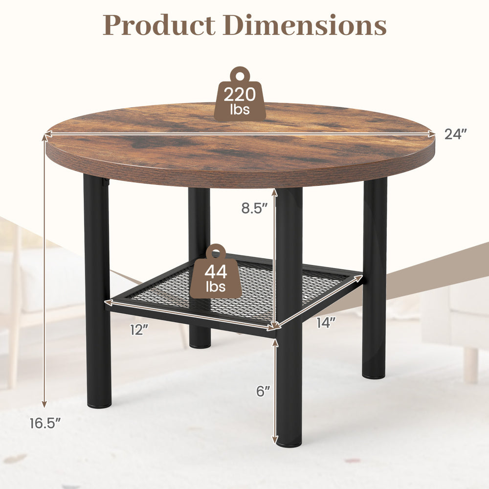 Round coffee table with a rustic brown finish, featuring a sturdy metal frame and a 2-tier storage shelf for organization.