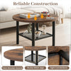 Rustic brown round coffee table with a sturdy metal frame and open lower shelf for convenient storage and organization.