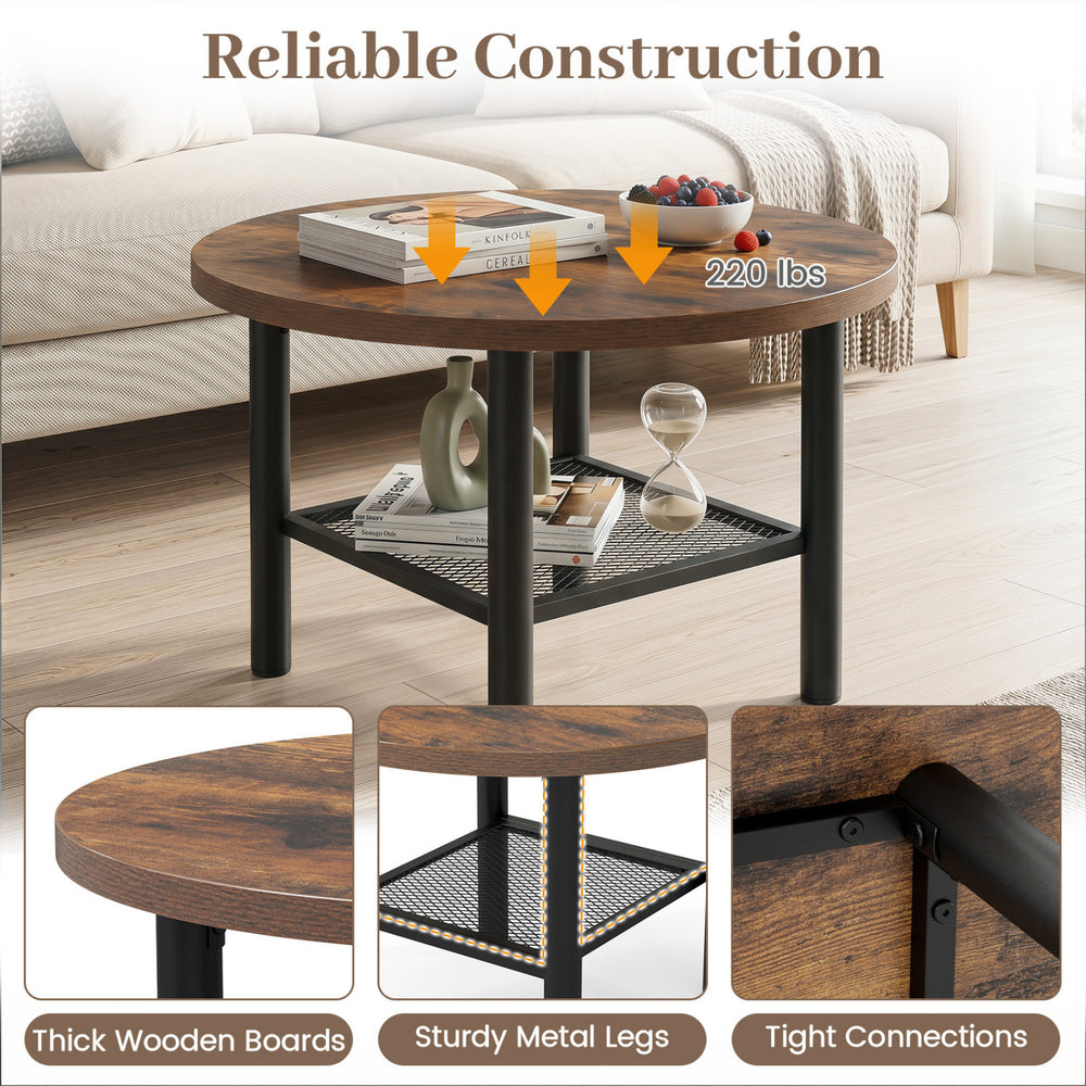 Rustic brown round coffee table with a sturdy metal frame and open lower shelf for convenient storage and organization.