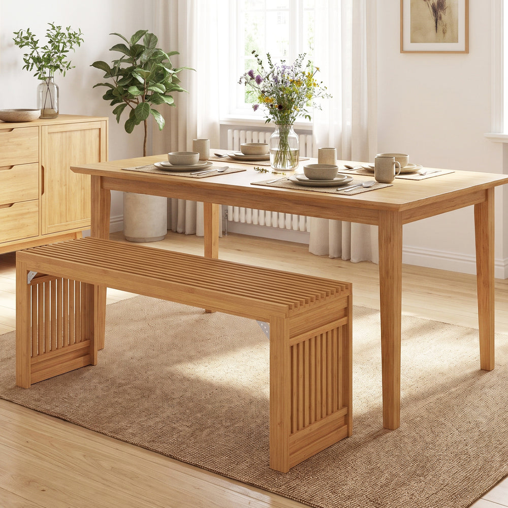 Natural bamboo bench with slatted design, seating up to 2 people, perfect for dining rooms and entryways.