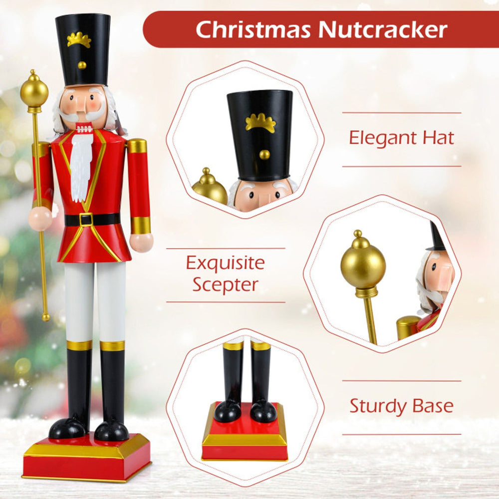Colorful Christmas nutcracker with elegant hat and scepter, perfect for festive indoor and outdoor holiday displays.