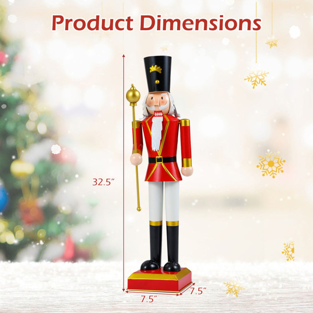 Nutcracker figurine stands 32.5 inches tall, featuring a high hat and scepter, perfect for festive holiday displays.
