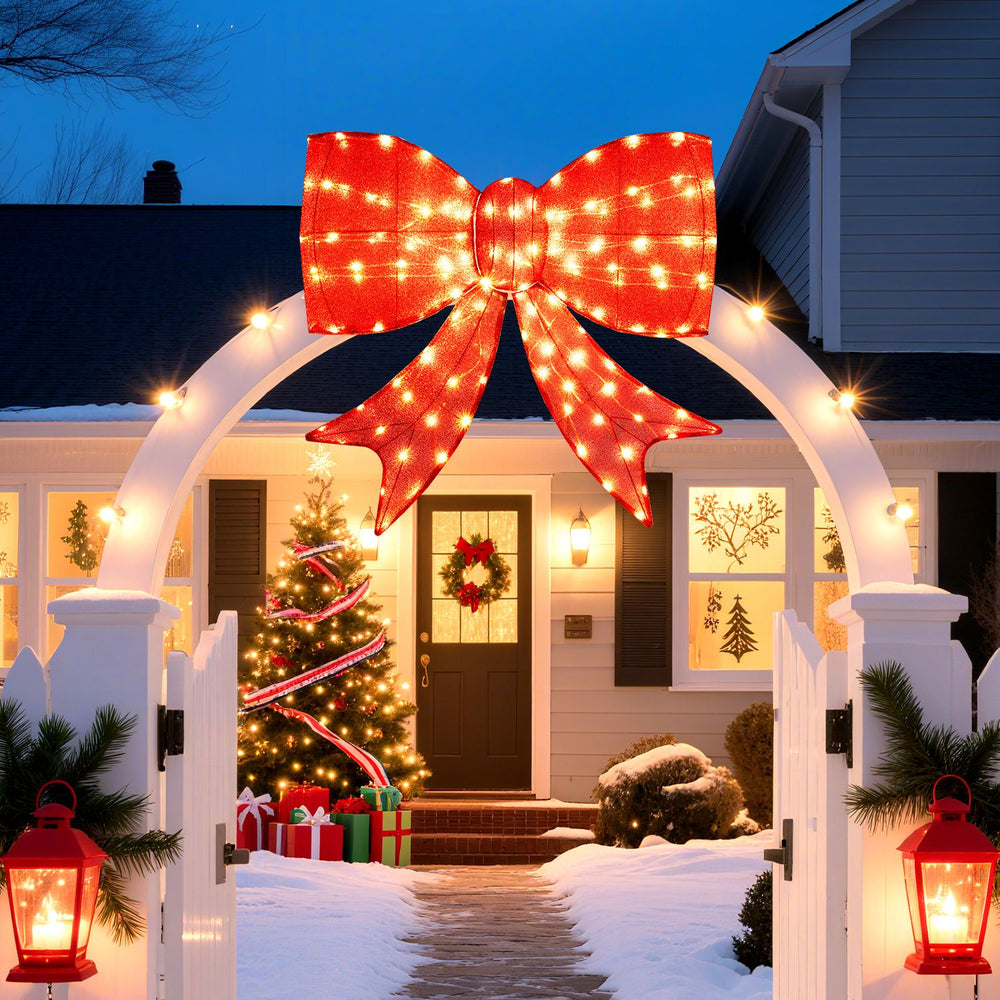 37-inch lighted Christmas bow decoration with 150 warm white LED lights, ideal for enhancing entryways during the holidays.