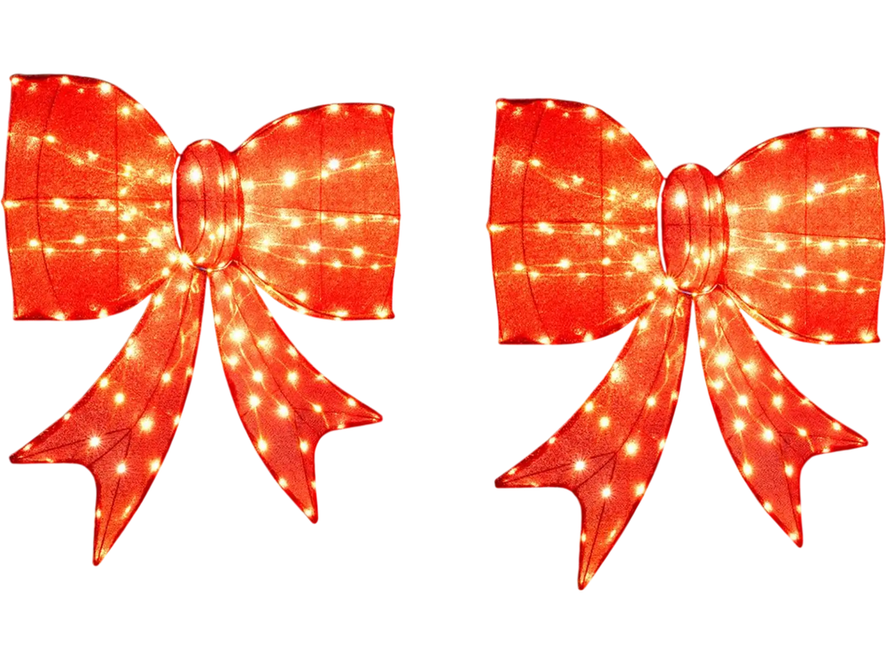 Two 37-inch lighted Christmas bow decorations with warm white LED lights, perfect for outdoor holiday displays.