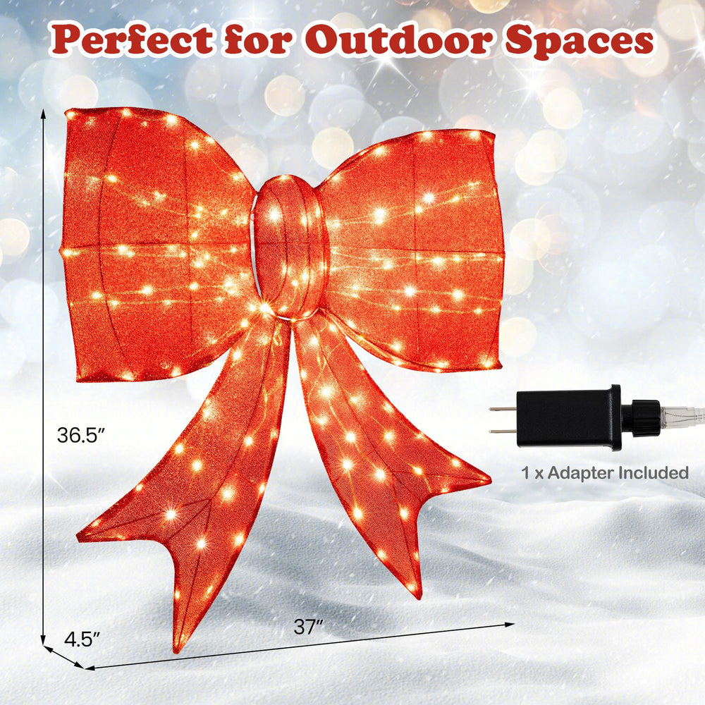 Extra-large 37-inch lighted Christmas bow decoration with 150 warm white LED lights, perfect for outdoor holiday displays.