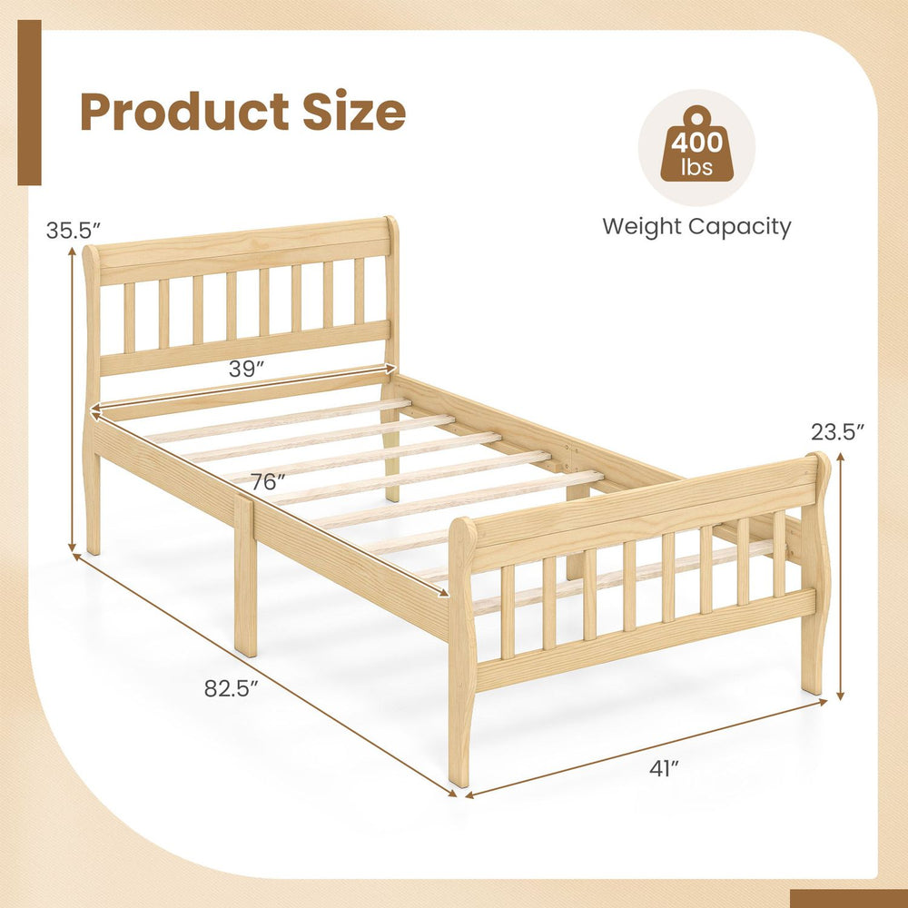 Solid wood platform bed frame with slatted headboard, natural finish, and 400 lbs weight capacity for twin size rooms.