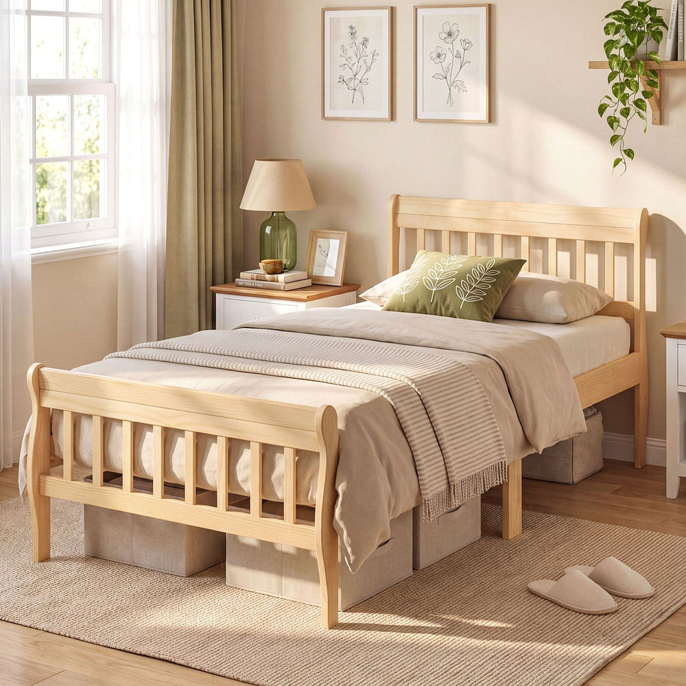 Solid wood twin size platform bed frame with slatted headboard and under-bed storage for versatile bedroom styling.